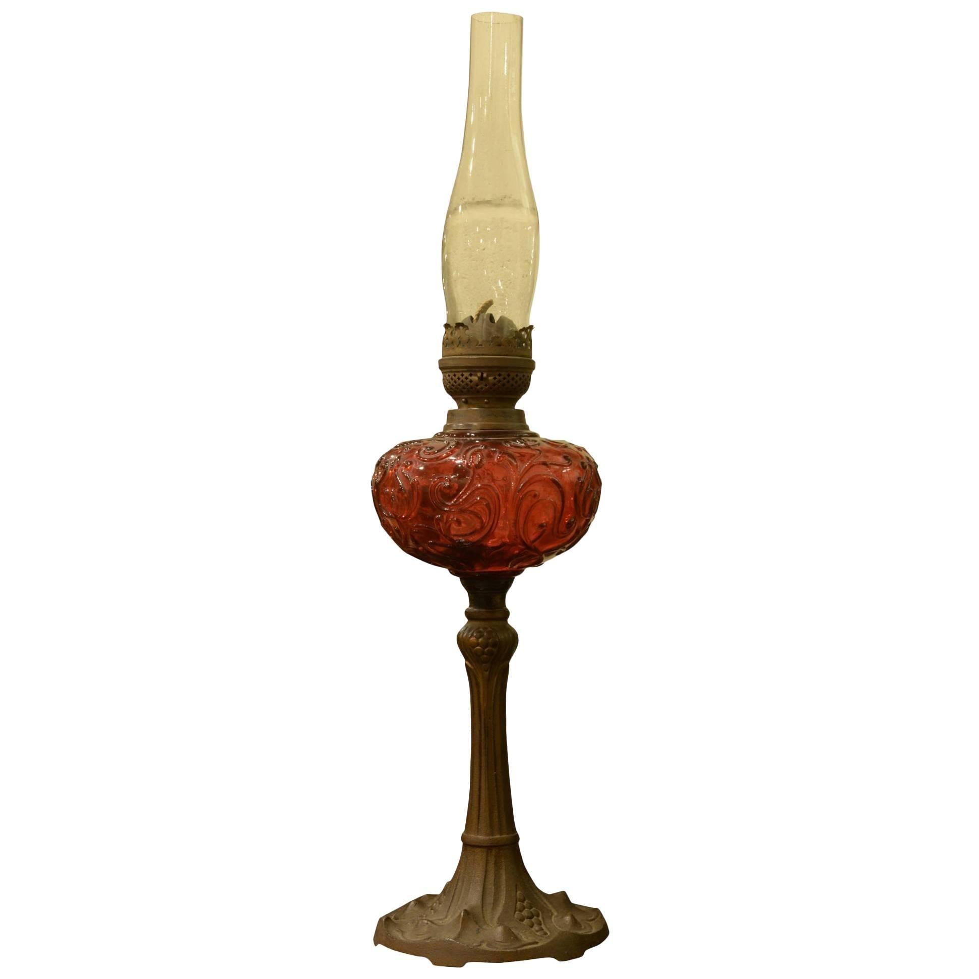 19th Century Cranberry Glass Oil Lamp For Sale