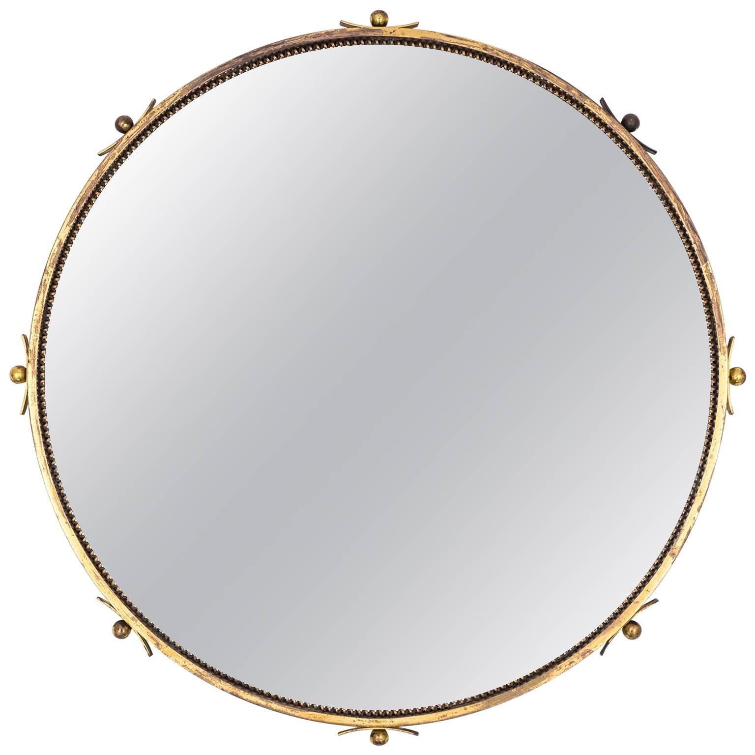 Round Art Deco Brass Mirror, 1930s