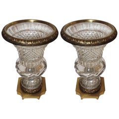 Wonderful French Pair of Gilt Bronze Ormolu-Mounted Cut Crystal Glass Urn Vases