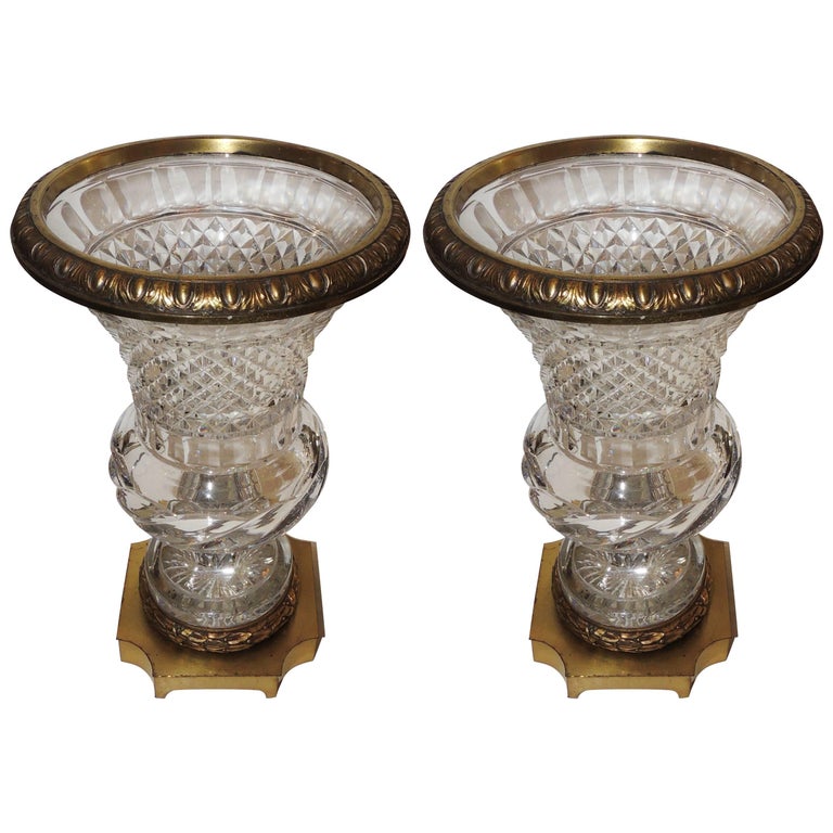 Wonderful French Pair of Gilt Bronze OrmoluMounted Cut Crystal Glass Urn Vases at 1stDibs