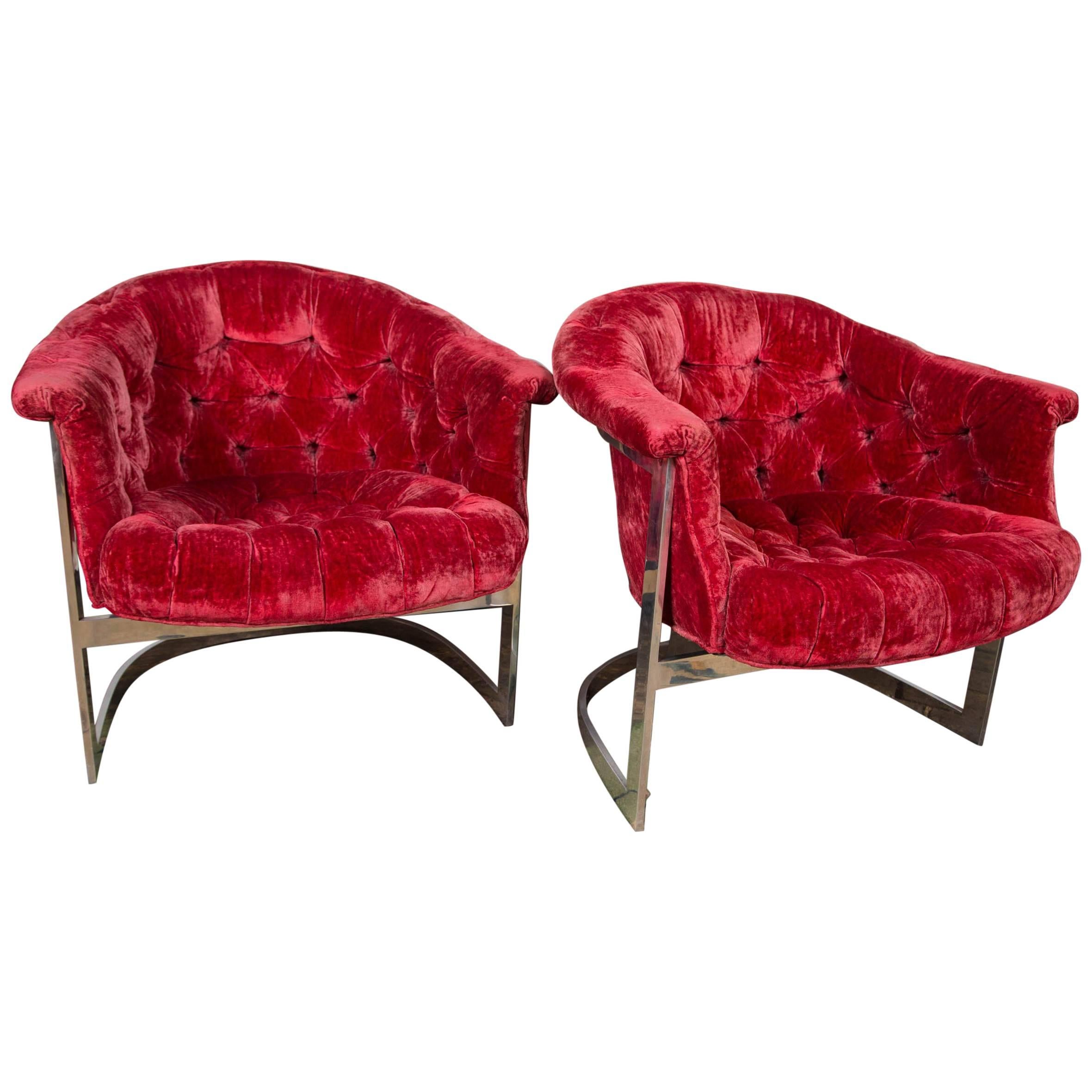 Pair of John Stuart Tufted and Steel Lounge Chairs For Sale