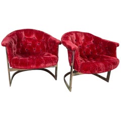 Pair of John Stuart Tufted and Steel Lounge Chairs