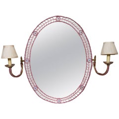 Vintage Oval Beaded French Boudoir Mirror with Attached Sconces