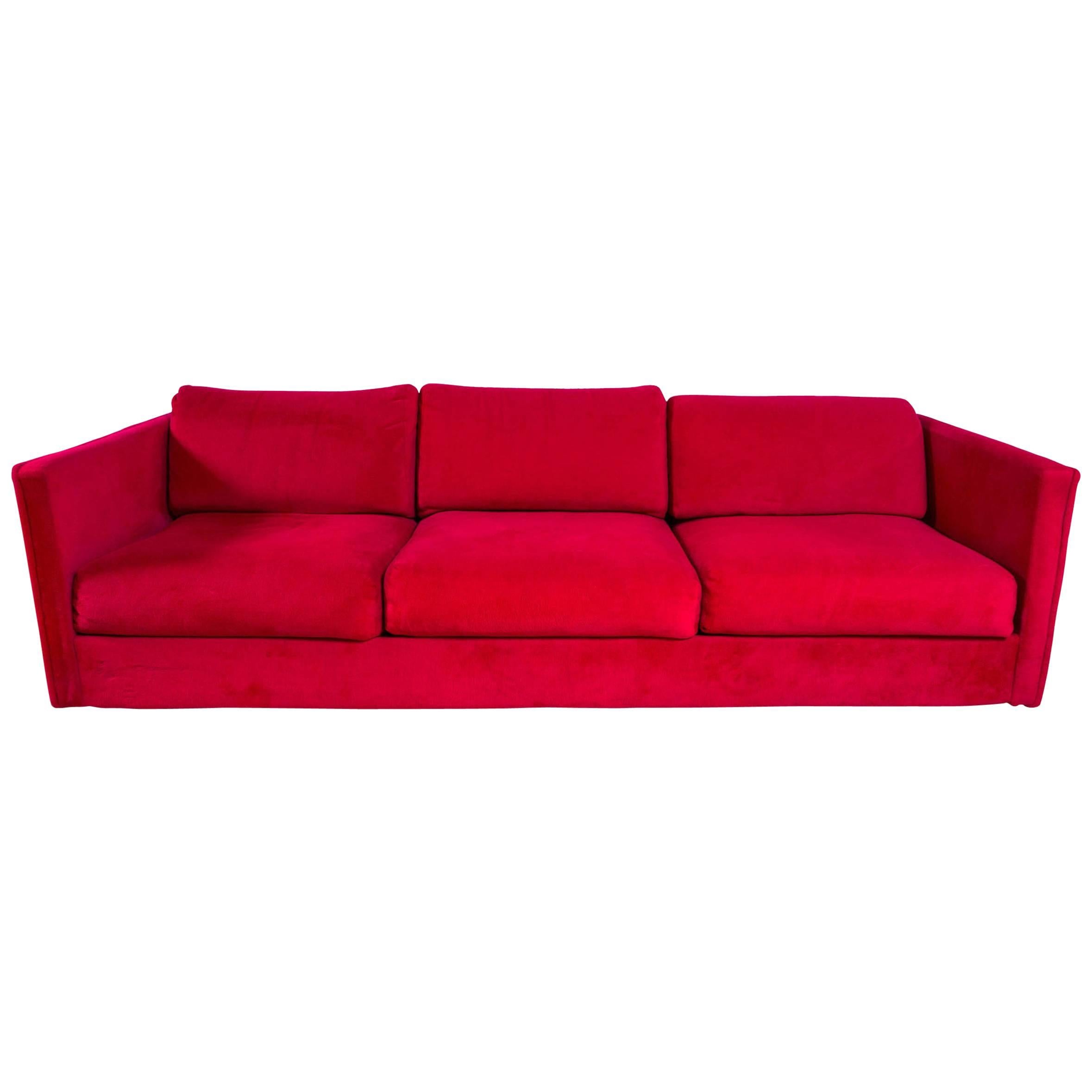 Adrian Pearsall Brutalist three cushion sofa with stunning red fabric and Brutalist panels on the sides.