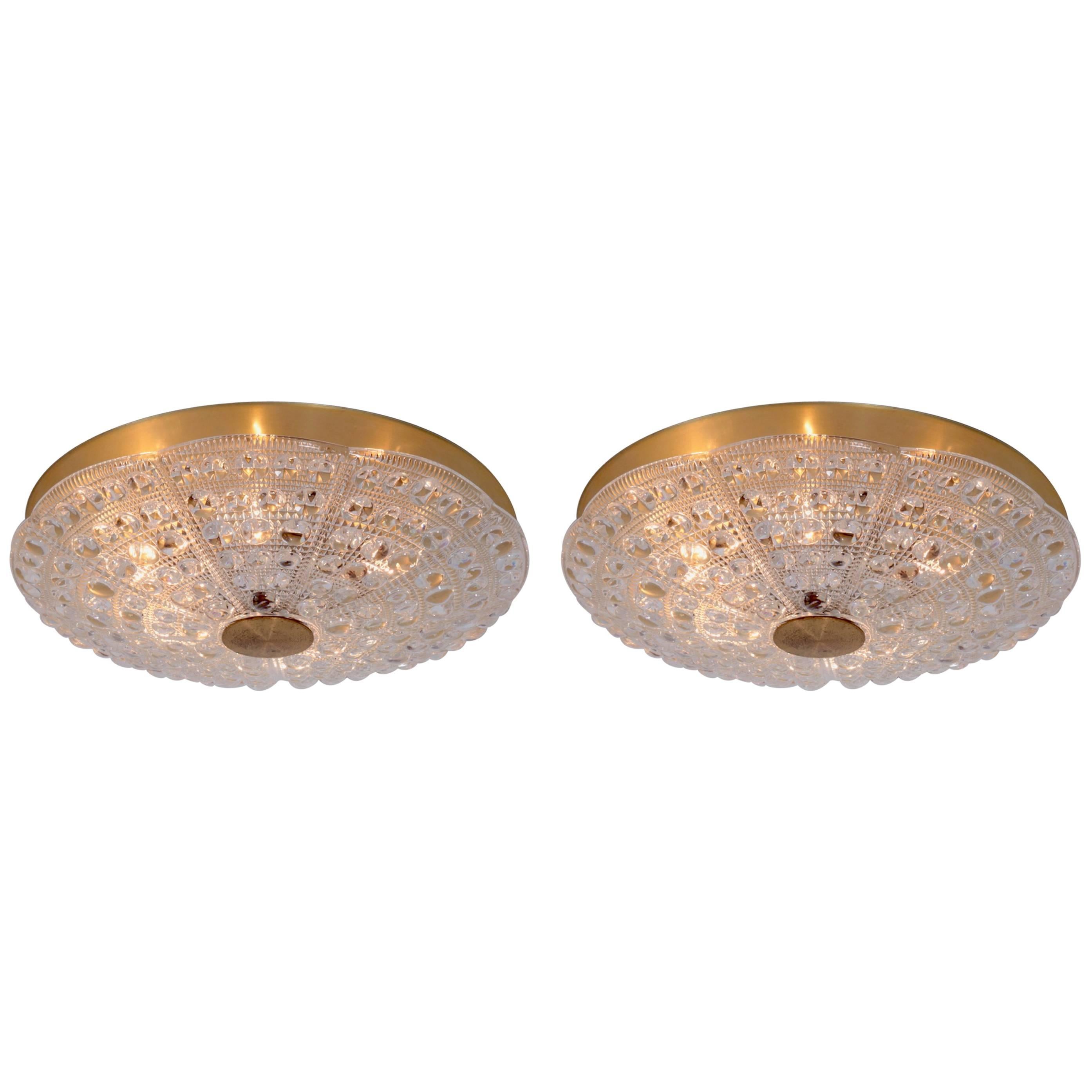 Pair of Huge Flush Mount by Carl Fagerlund for Orrefors in Glass and Brass