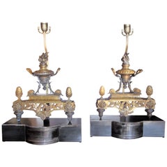 Pair of Louis XVI Style Gilt Bronze and Bronze Lamps on Gun Metal Bases