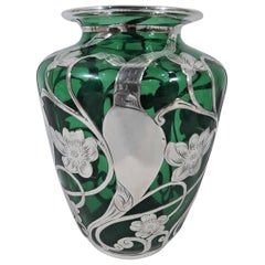 American Art Nouveau Emerald Glass Vase with Silver Overlay American Art Nouveau Emerald Glass Vase with Silver Overlay