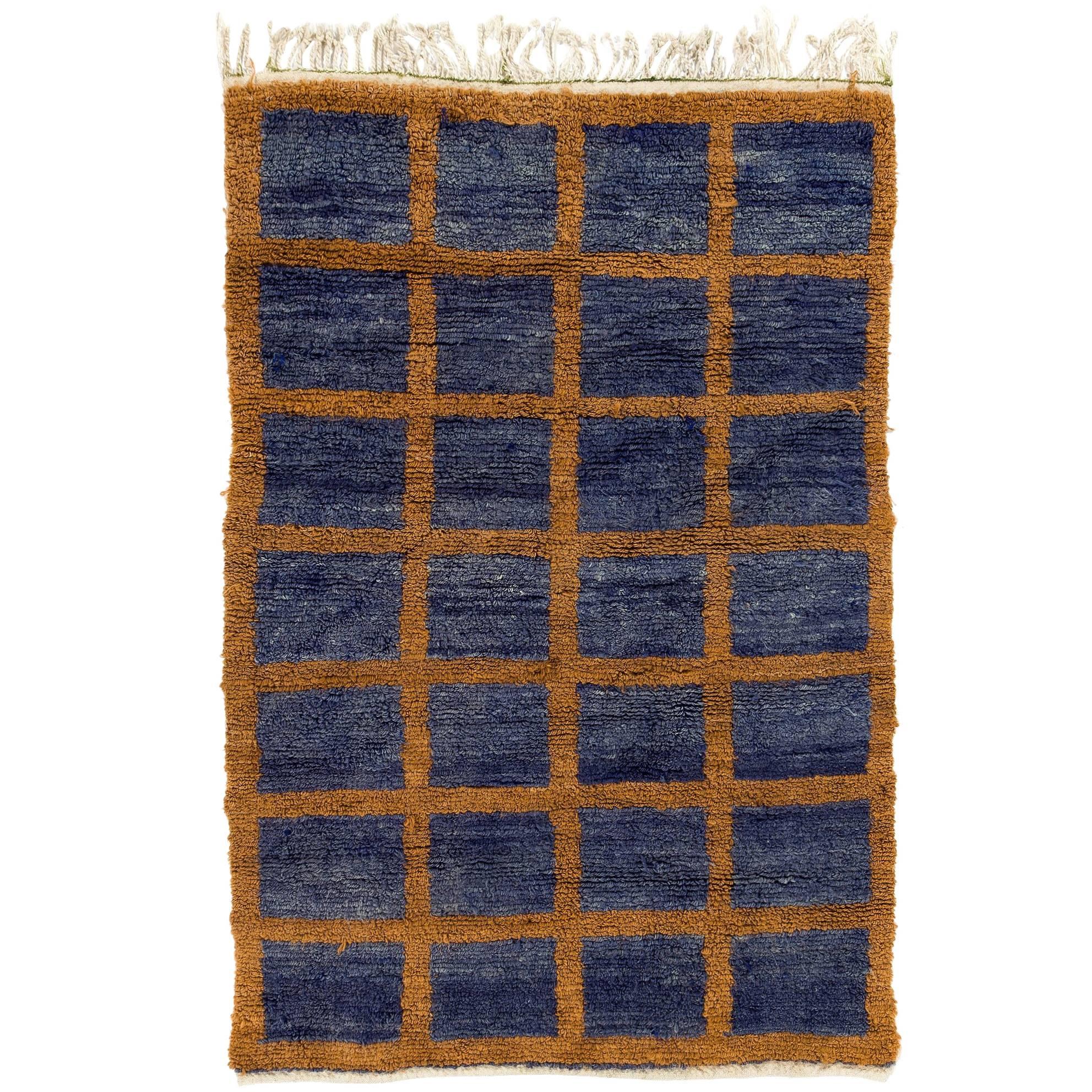 Vintage Tulu Rug in Blue & Ochre Colors, Soft Wool Pile, Custom Options Availabl