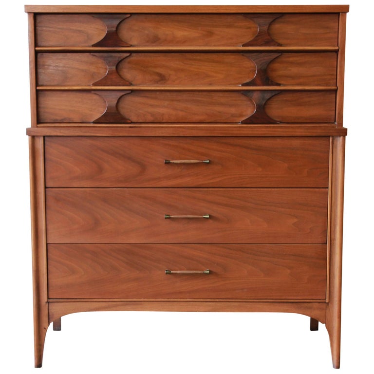 Kent Coffey Perspecta MidCentury Sculpted Walnut and Rosewood Highboy Dresser at 1stdibs