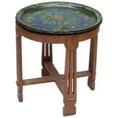 Antique Arts & Crafts Carved Oak Table with Ceramic Top by Kähler