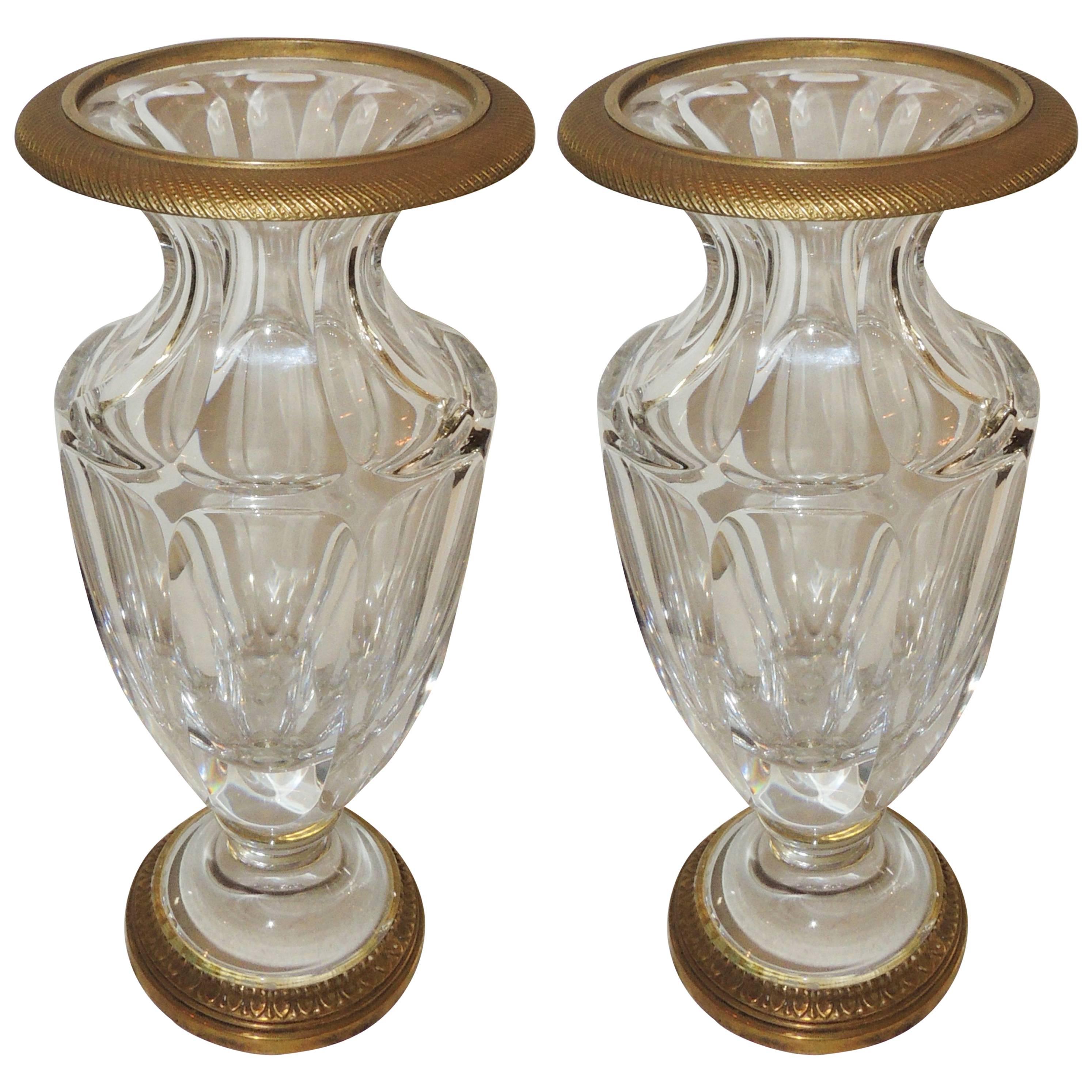 Wonderful Pair of French Empire Gilt Dore Bronze Fluted Crystal Ormolu Urn Vases