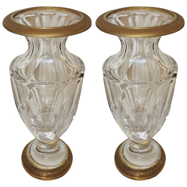 Wonderful Pair of French Empire Gilt Dore Bronze Fluted Crystal Ormolu