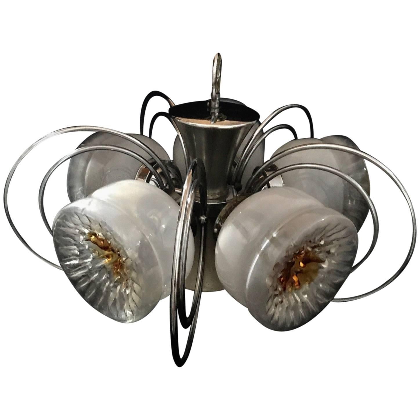 Mazzega midcentury Murano chandelier with 5 light chrome frame , 1960s For Sale