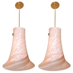 Vintage 1960s, Italian Pair of Pink Rose White Murano Glass Flared Pendants Lamps