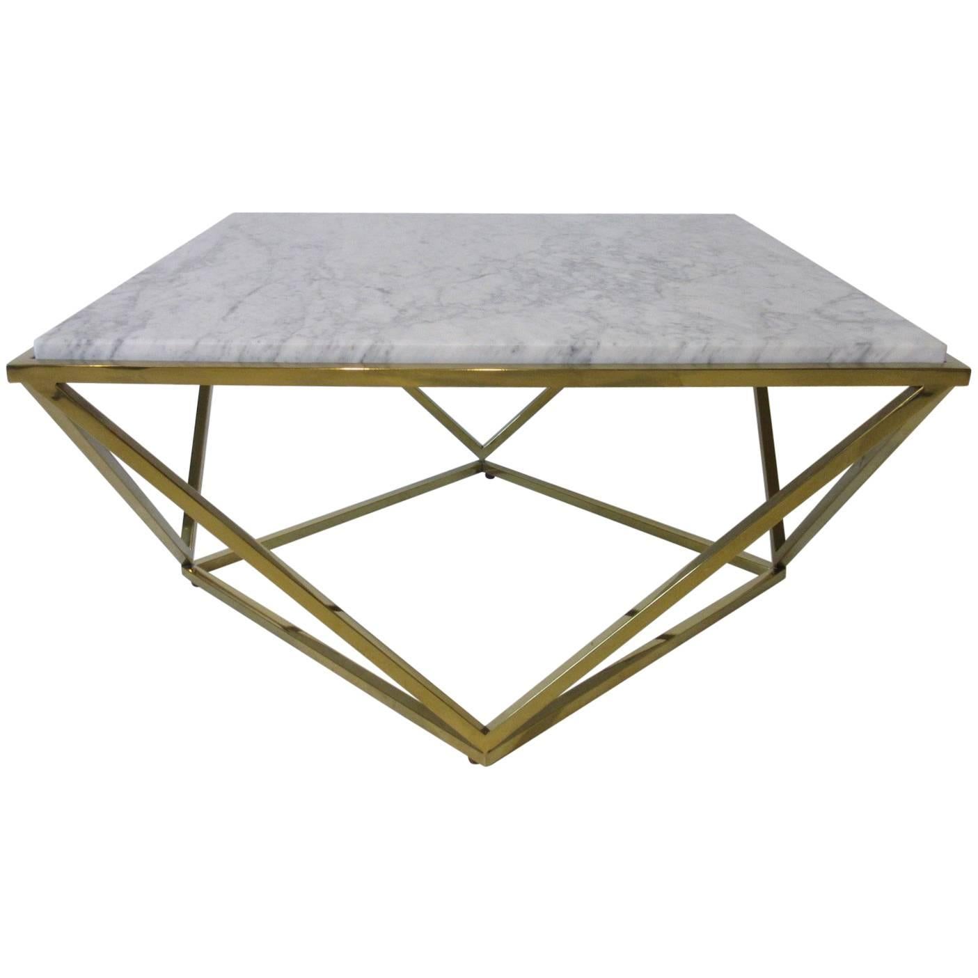 Milo Baughman Styled Brass and Italian Marble Coffee Table 