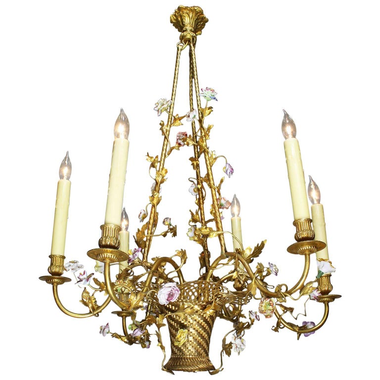 French Belle Époque Louis Xv Style Gilt Bronze And Porcelain Basket Chandelier