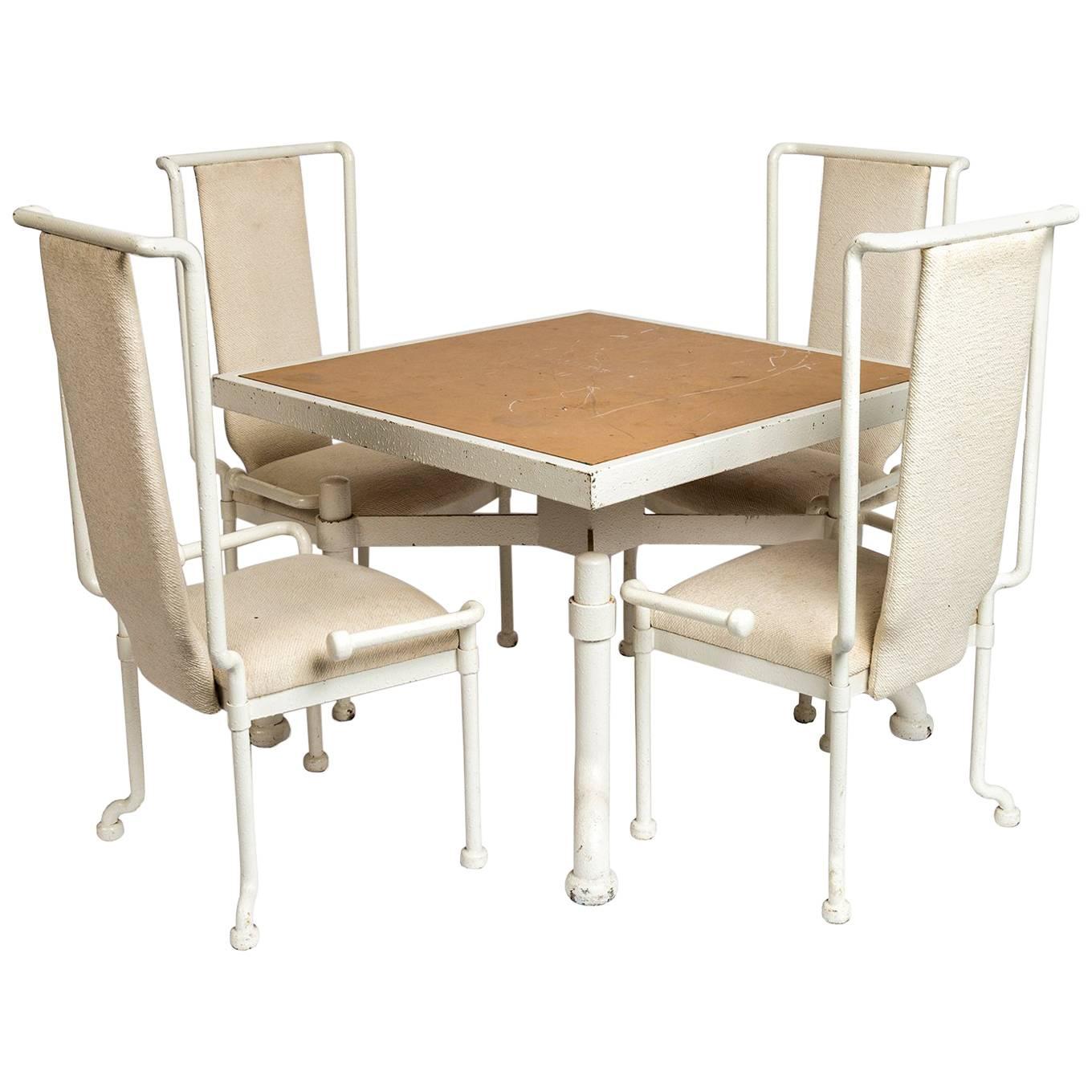 Set of Eight, 1970 White Painted Cast Iron Tables and Dining Chairs For Sale