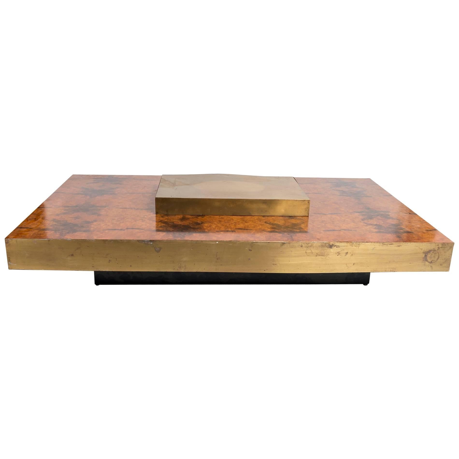 Rectangular Low Brass Center Wooden Coffee Table with Brass Trim