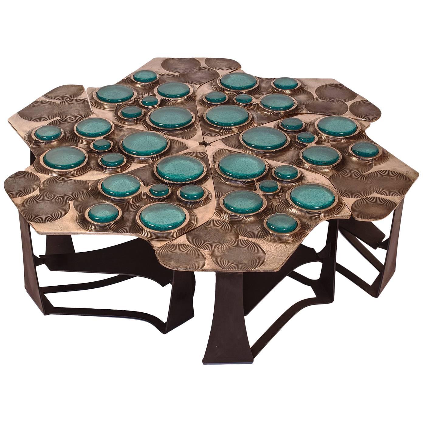 Tiberinus Coffee Table Cast Bronze Cast Glass Insert Steel Tessellation For Sale