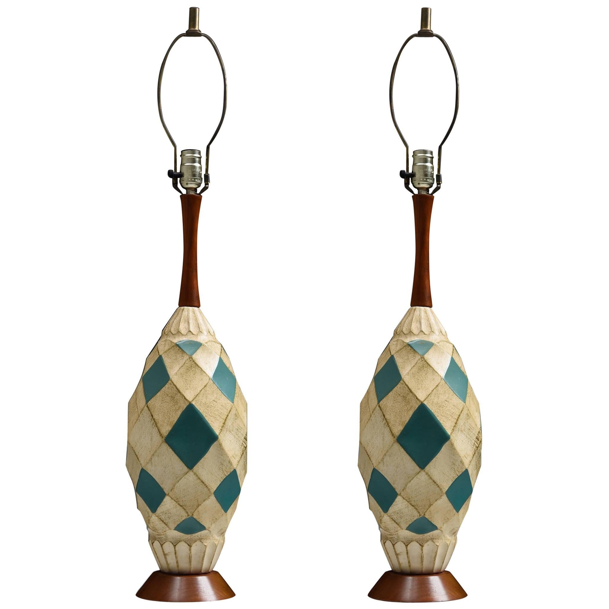 Retro Jo-Wallis Ceramic and Walnut Table Lamps