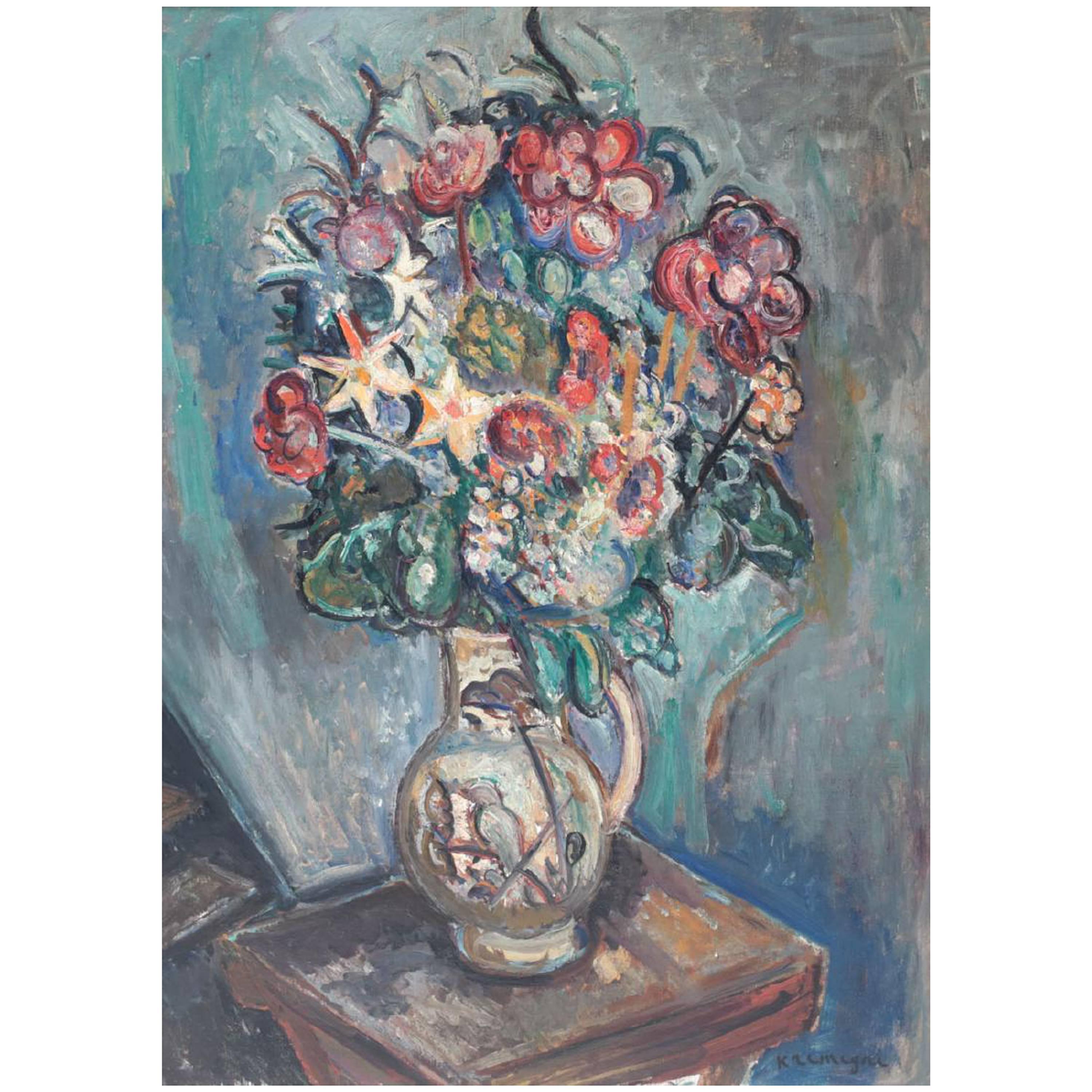 Still Life on Canvas, Flowers in Vase by Pinchus Kremenge For Sale