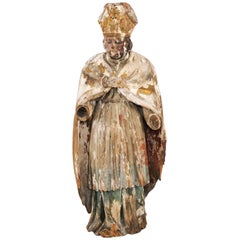 French 18th Century Carved Statue of a Bishop with Traces of Polychrome and Gilt