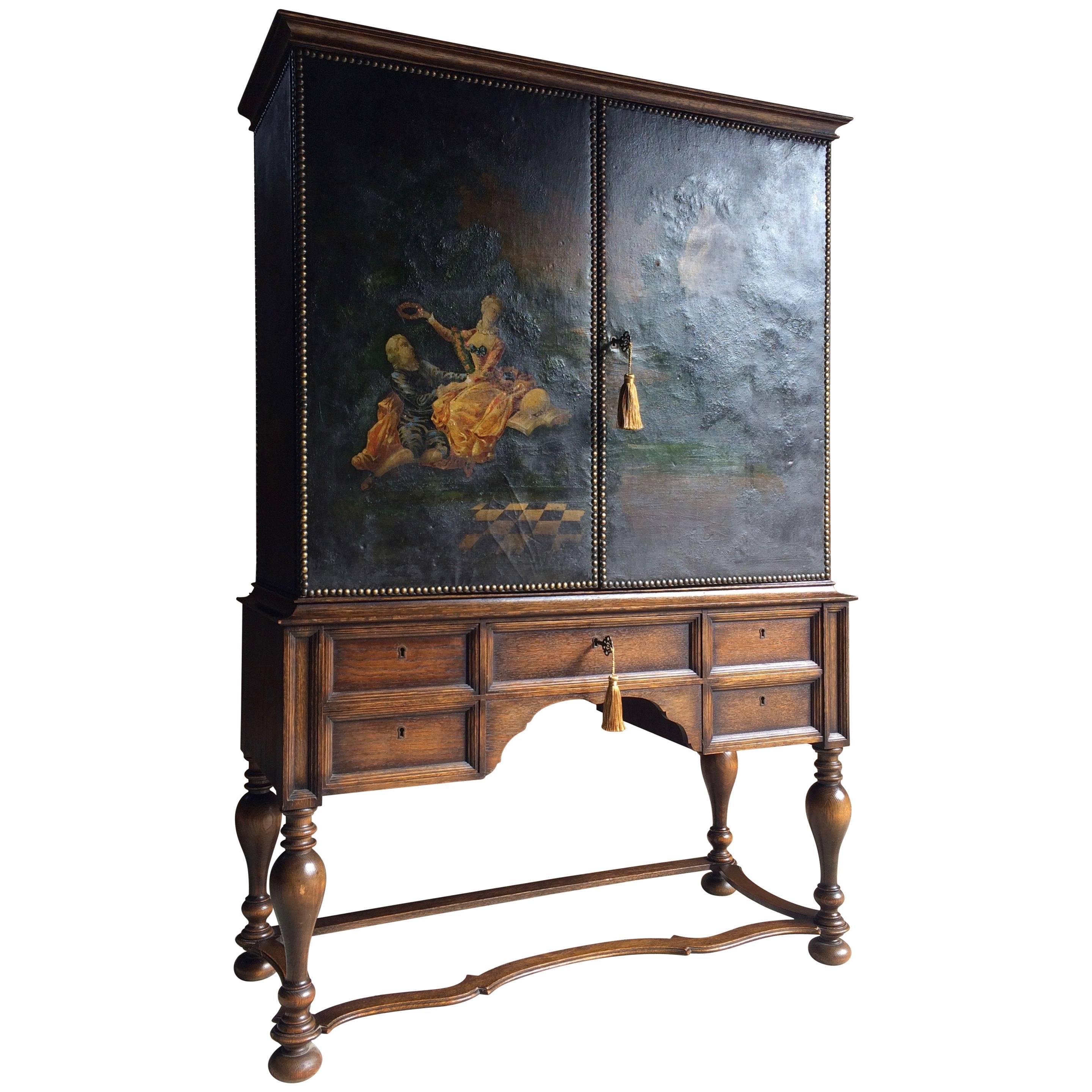 20th Century Cocktail Cabinet Oil Painting Canvas Covered Solid Oak