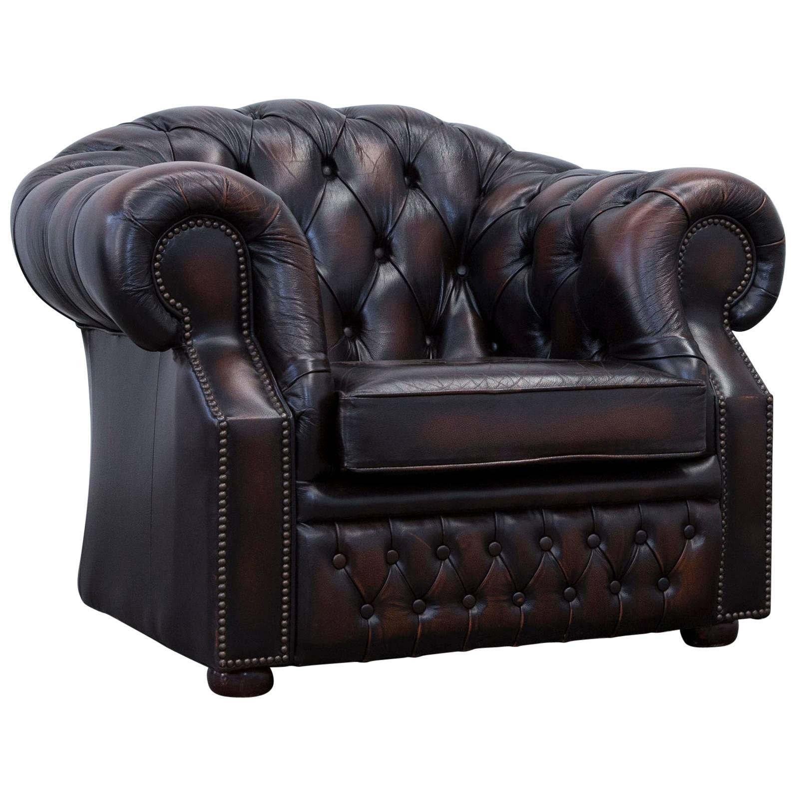 Chesterfield Armchair Leather Brown One Seat Couch Vintage Retro