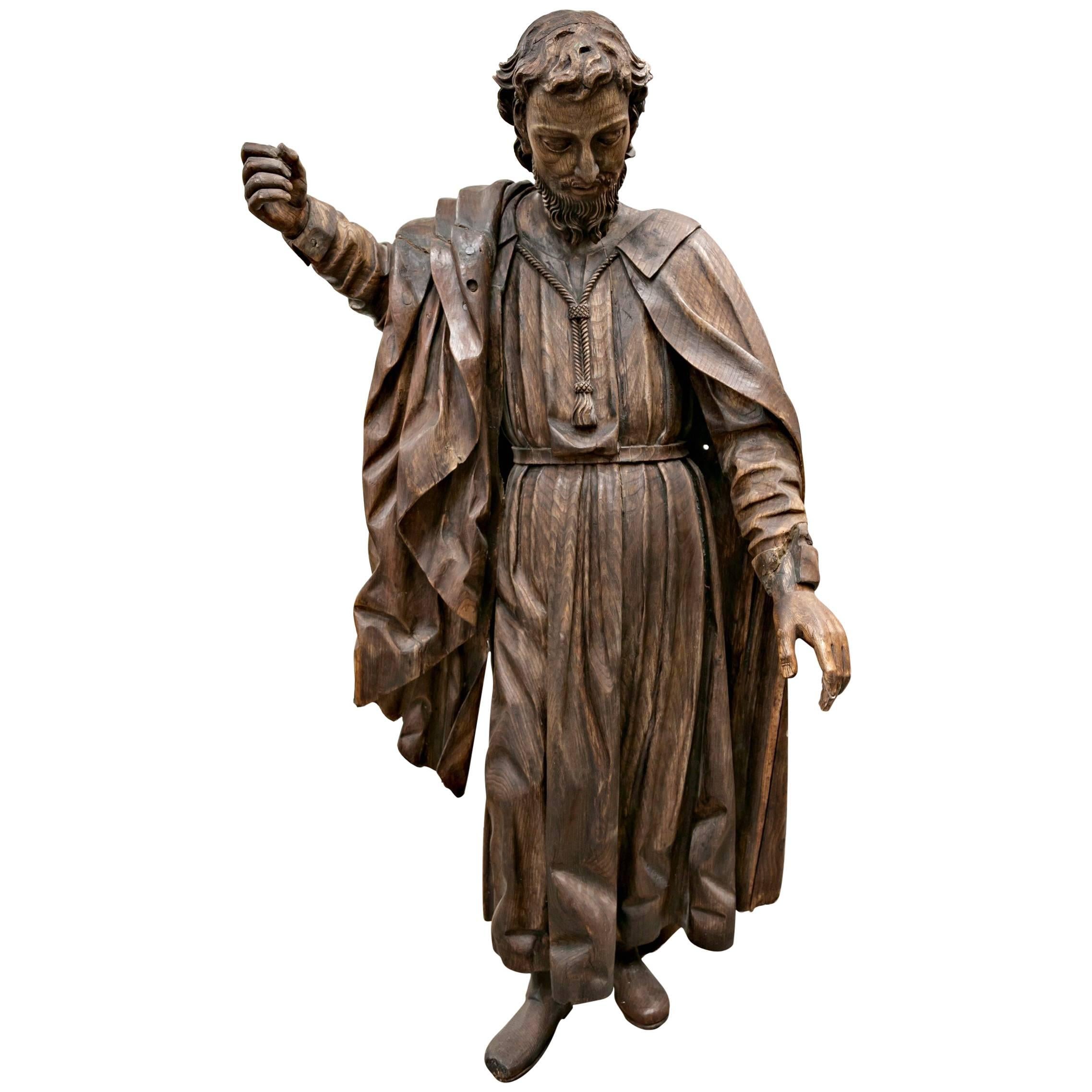Rare 18th Century Life Size Carved Wood Statue of St. Joseph For Sale