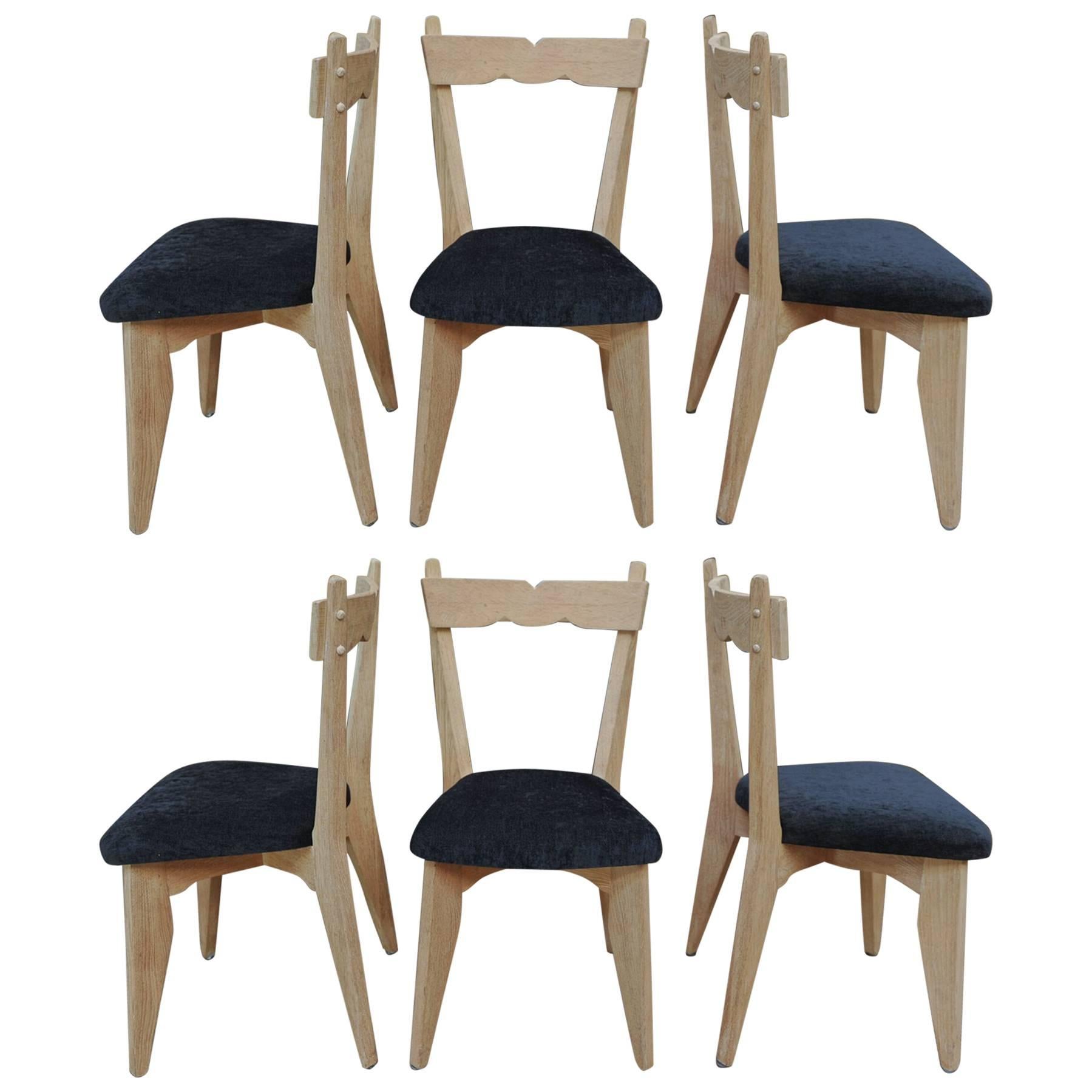 Guillerme & Chambron Set of Six Dining Chairs in Oak and Fabric Reupholstered