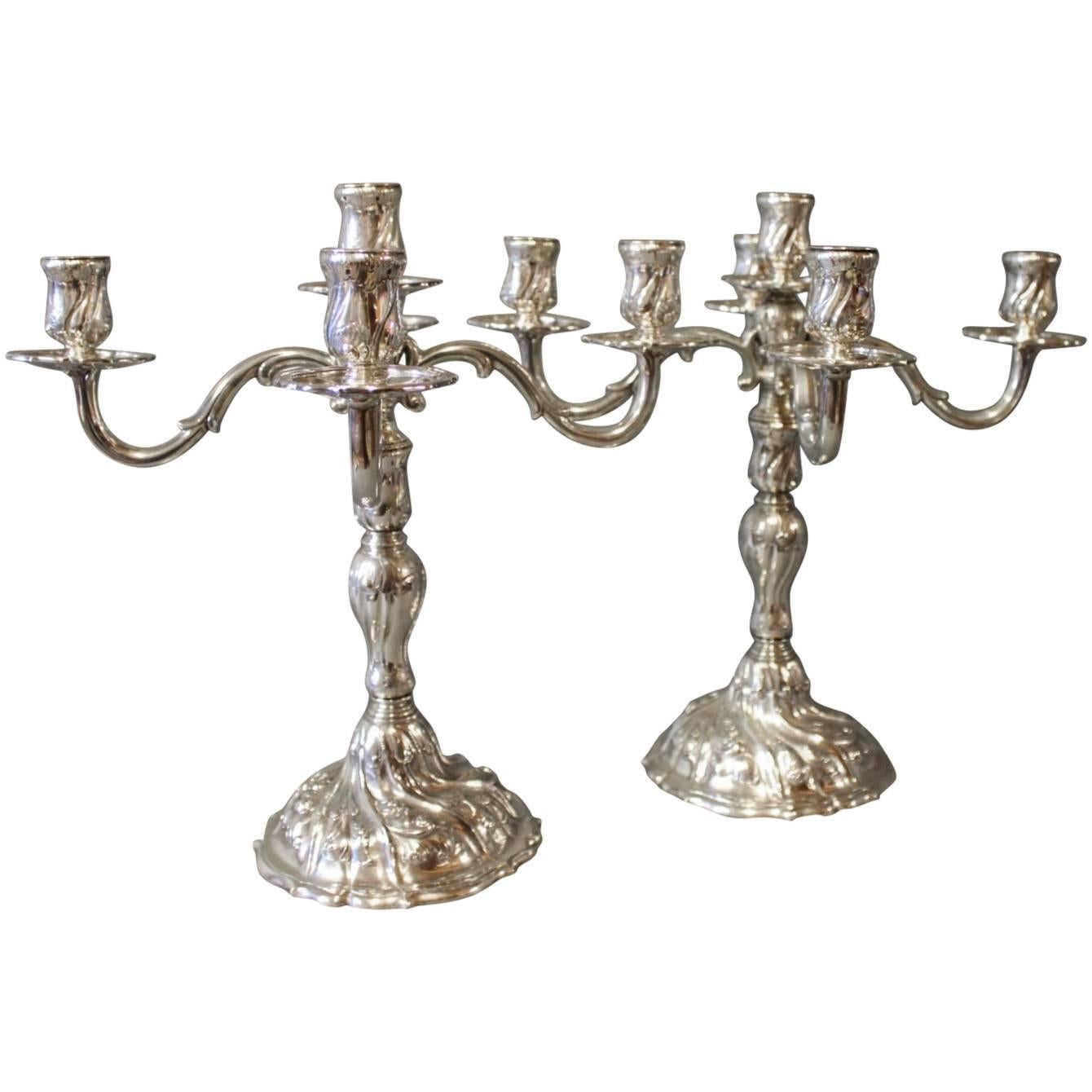 Pair of Five Armed Candelabra in 925 Sterling Silver by English Silver House