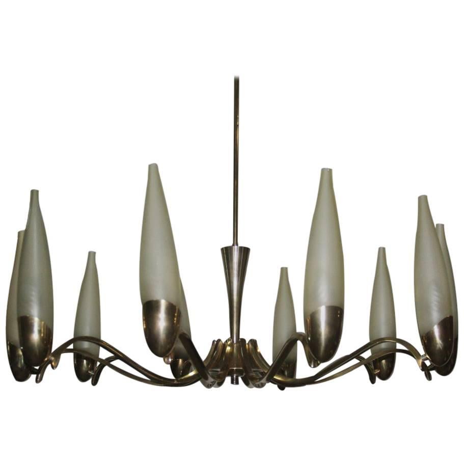 Chandelier Mid-Century Modern Italian Design Brass Glass Satin Arredoluce Style