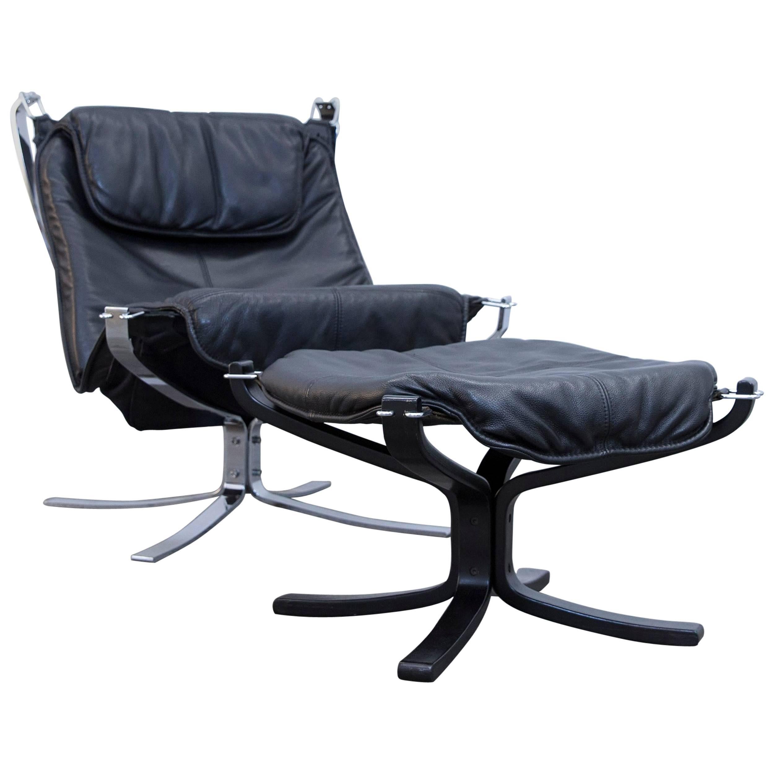 Sigurd Resell Falcon Chair Leather Black Chrome One-Seat Footstool Modern