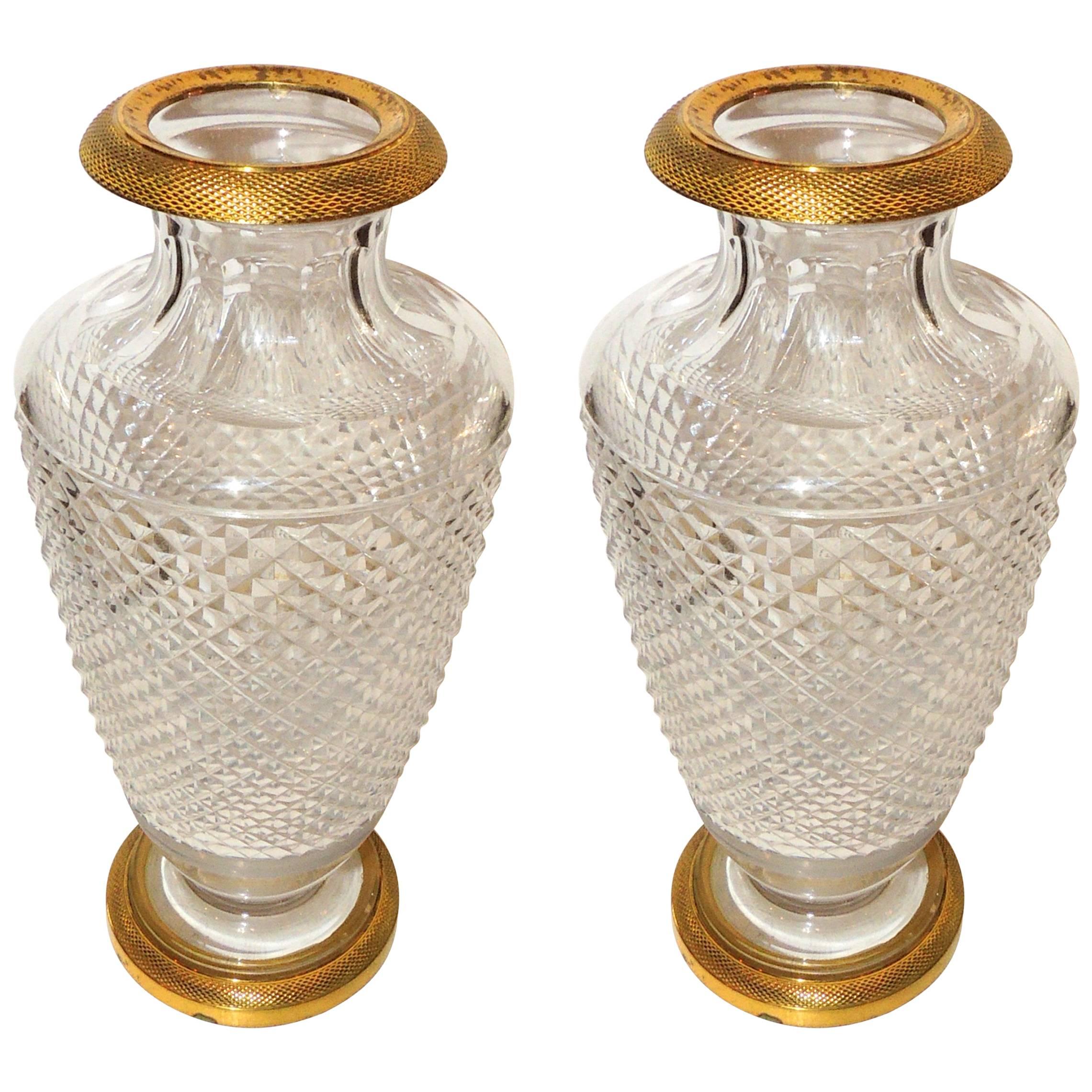 Pair of French Empire Gilt Doré Bronze Diamond Cut Crystal Ormolu Vases