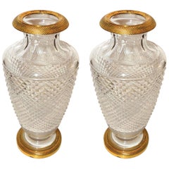 Pair of French Empire Gilt Doré Bronze Diamond Cut Crystal Ormolu Vases