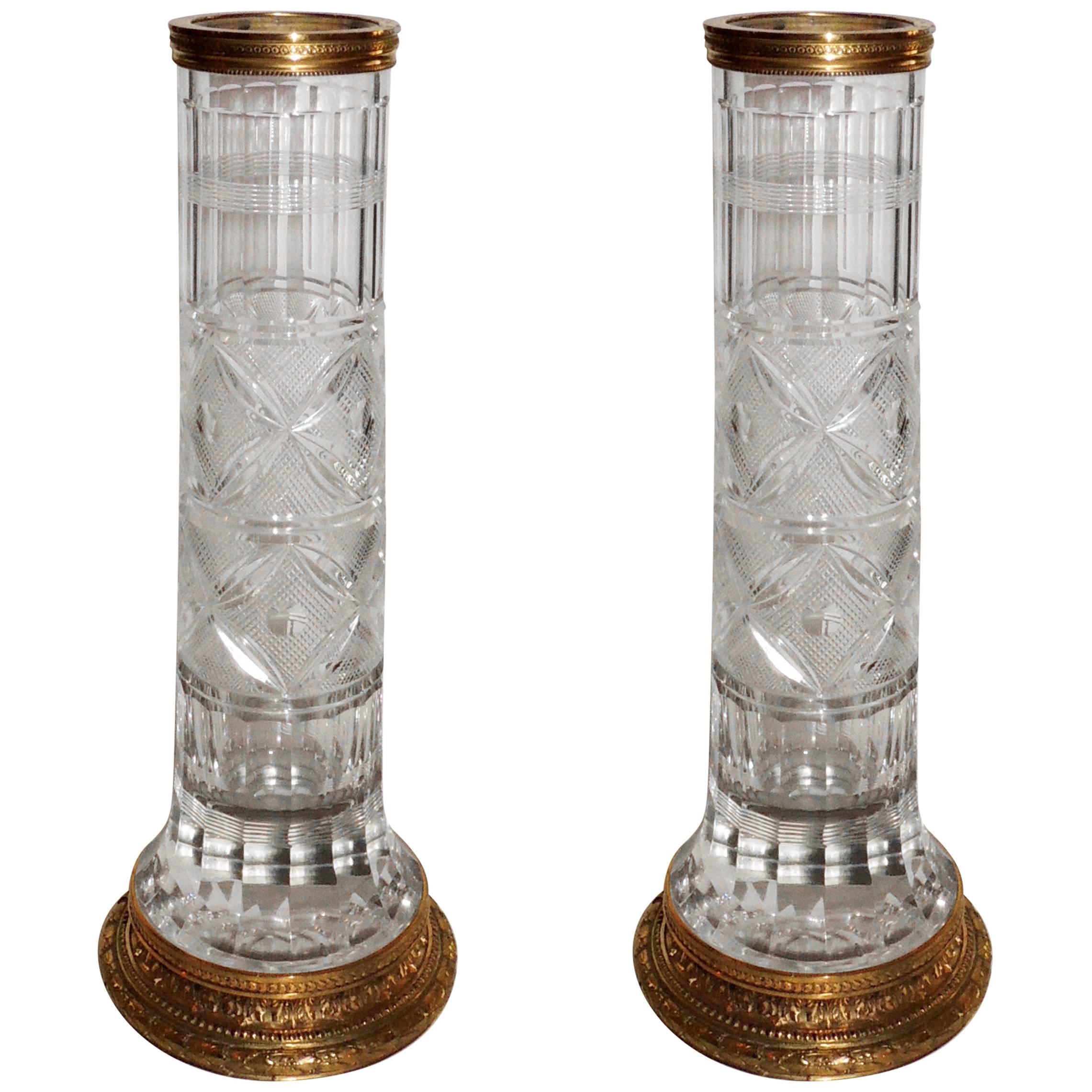 Wonderful Pair of French Gilt Doré Bronze Etched Cut Crystal Glass Ormolu Vases