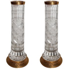 Wonderful Pair of French Gilt Doré Bronze Etched Cut Crystal Glass Ormolu Vases