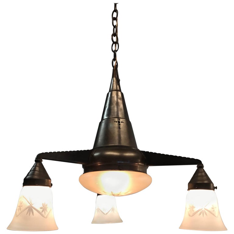 Stylish Arts and Crafts Hand Crafted Brass and Hand Engraved Glass