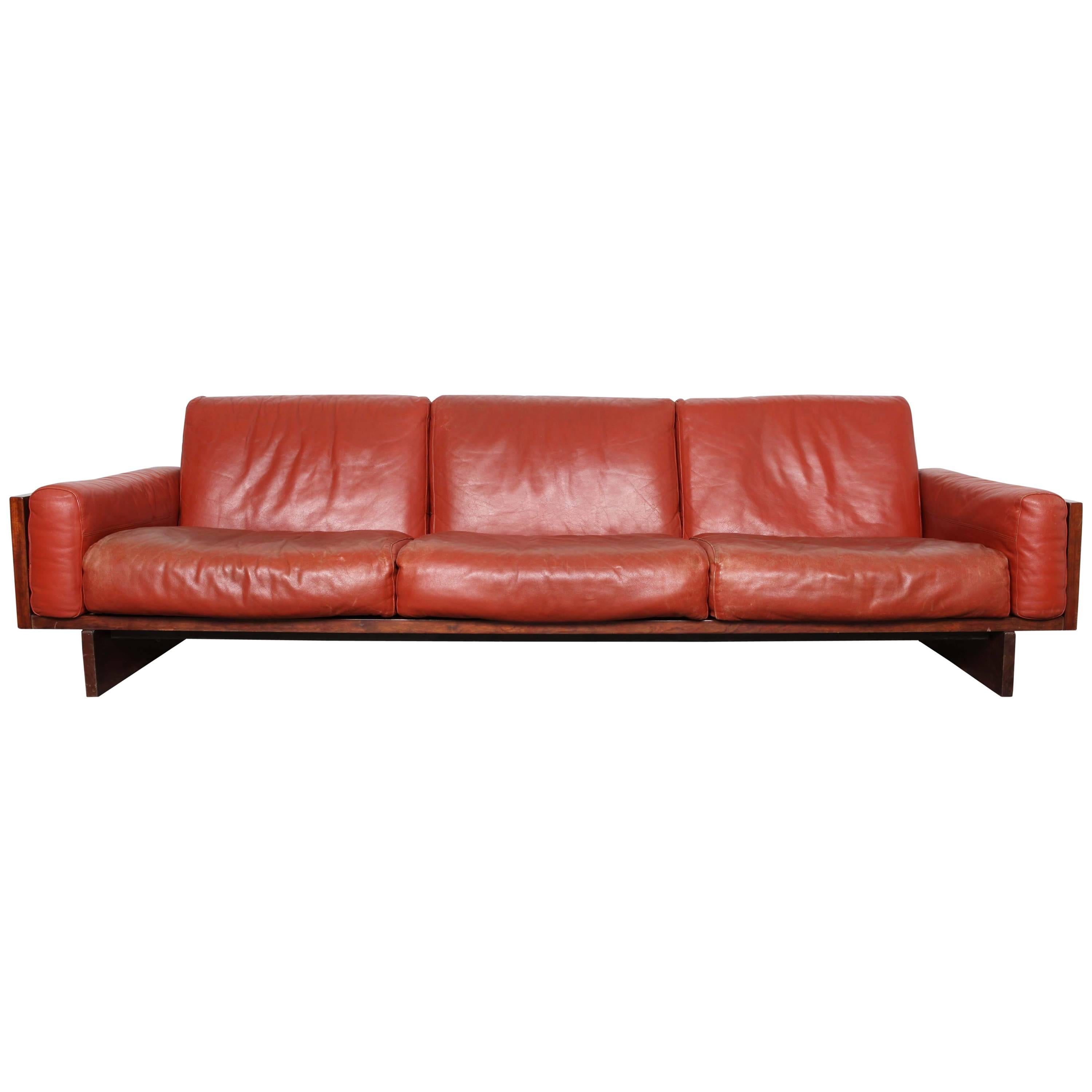 Mid-Century Modern Red Leather Three-Seat Sofa by Torbjørn Afdal