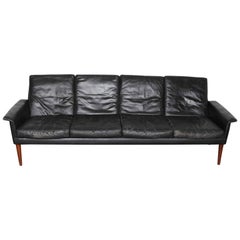 Mid-Century Modern Four-Seat Black Leather Sofa by Hans Olsen of Norway