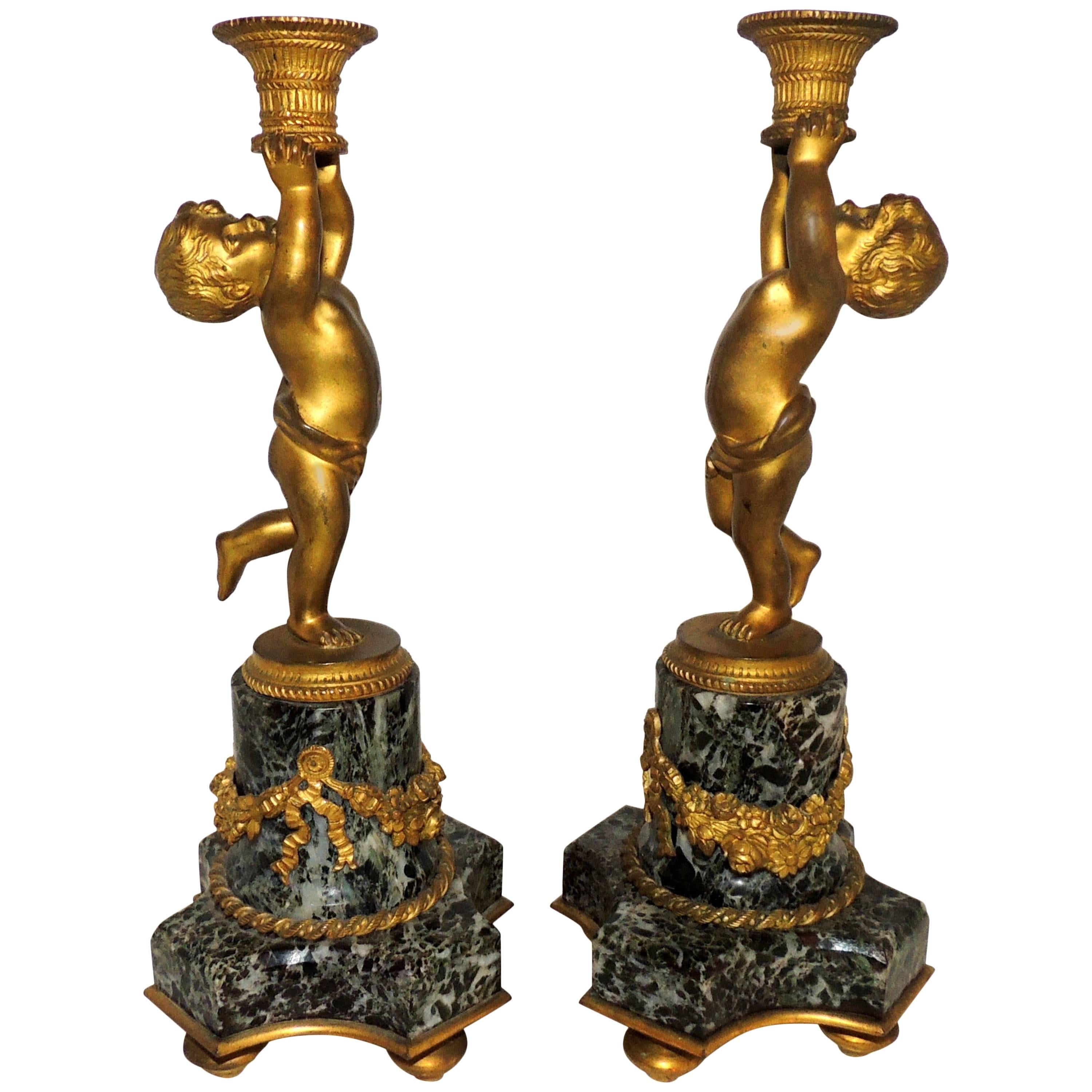 Wonderful Pair French Dore Bronze Cherub Putti Ormolu Swag Marble Candlesticks For Sale