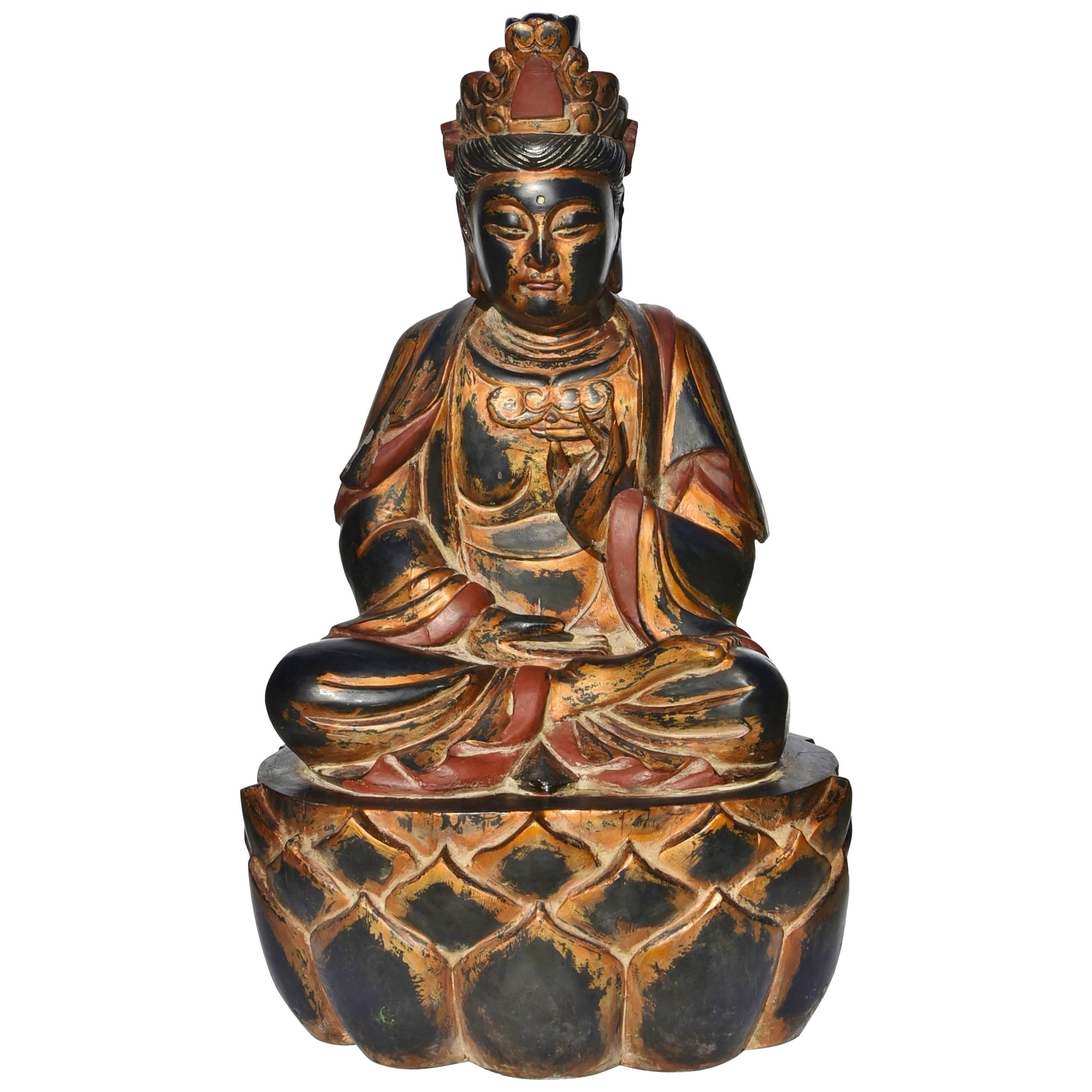Huge Wooden Gilded Buddha Statue, Hand-Painted