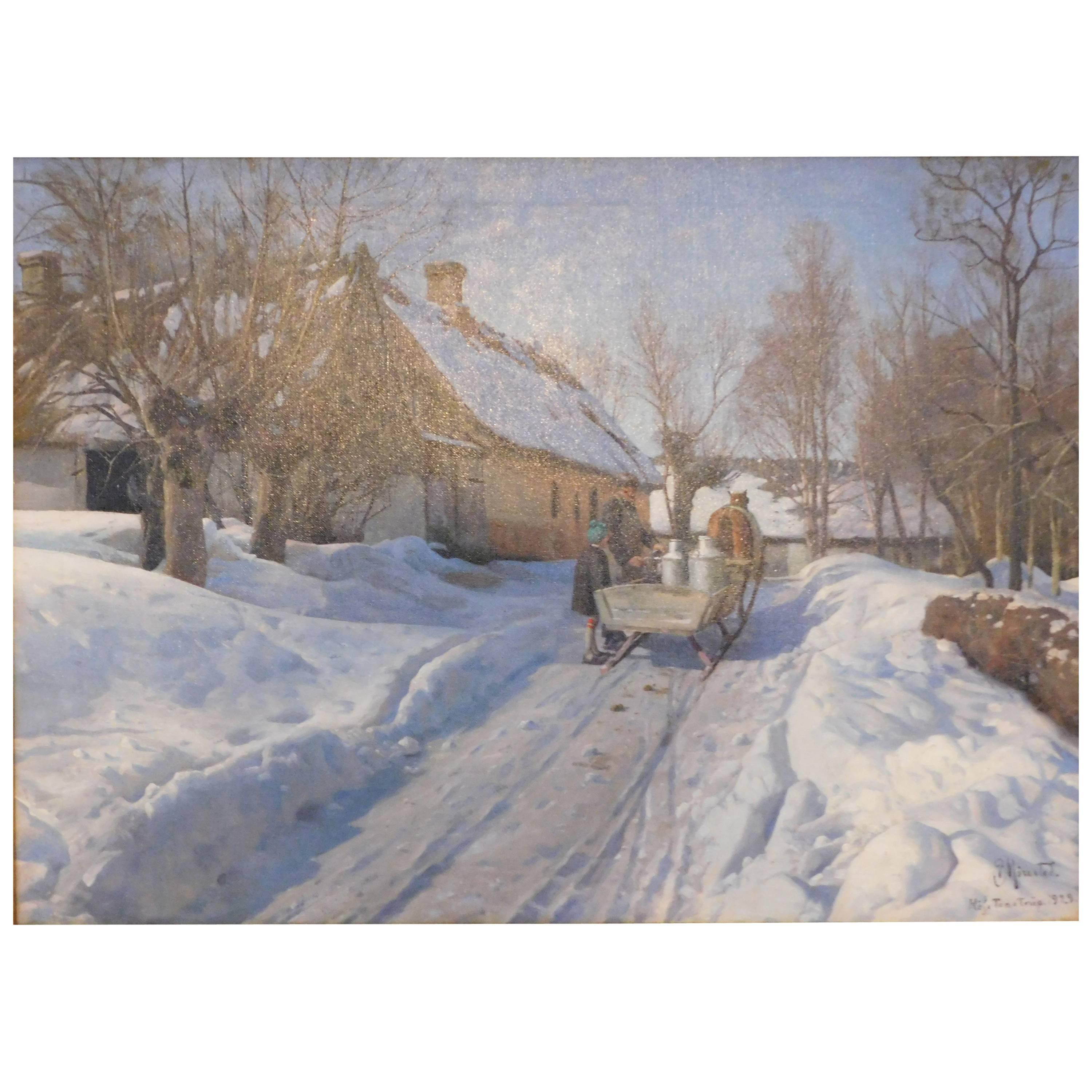 Peder Mønsted, Winter Landscape with a Milkman in Høje Taastrup Signed and Dated For Sale