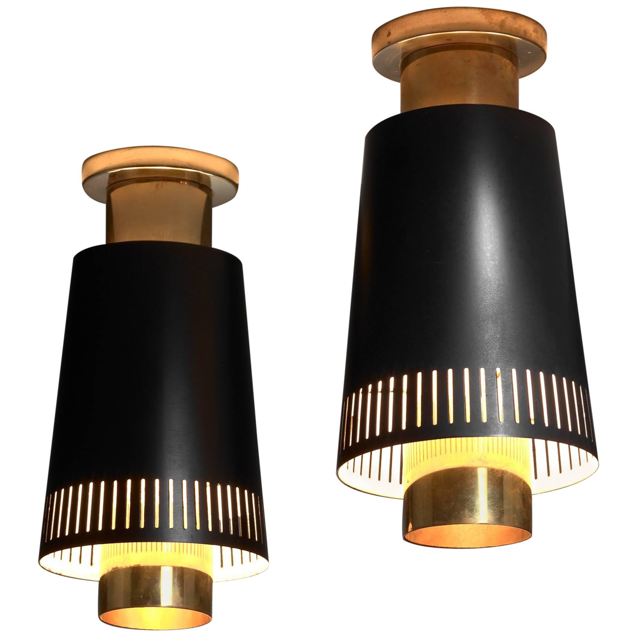 Pair of Paavo Tynell Black and Brass Ceiling Lamps for Taito, Finland, 1950s For Sale