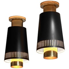 Pair of Paavo Tynell Black and Brass Ceiling Lamps for Taito, Finland, 1950s