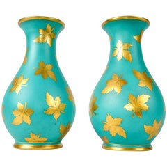 English Pair of Turquoise with Gold Design Porcelain Vases