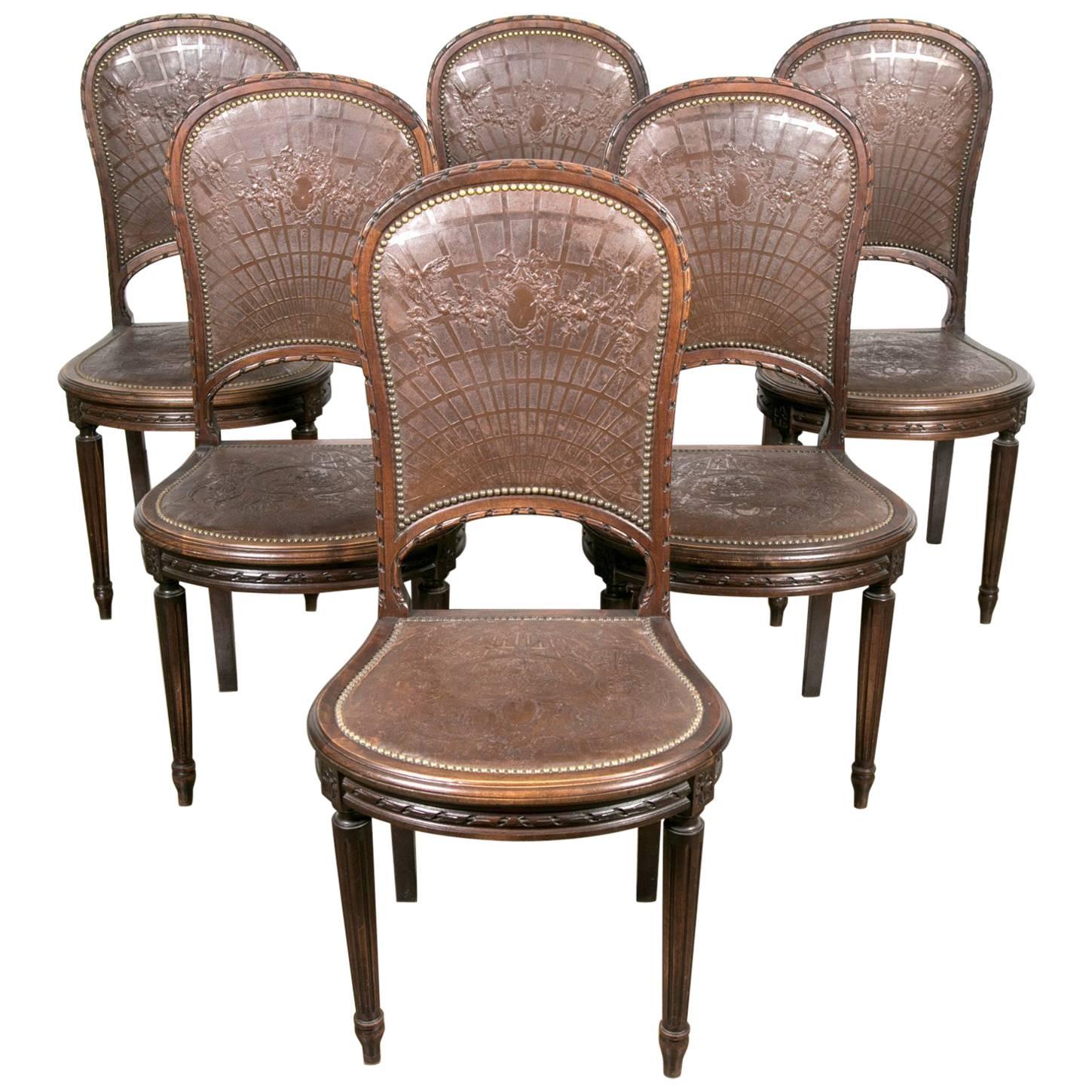 Set of Six French Louis XVI Tooled Leather Dining or Side Chairs