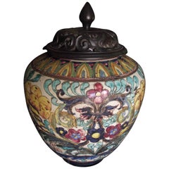 Antique Italian Majolica Jar with Hand-Carved Wooden Lid