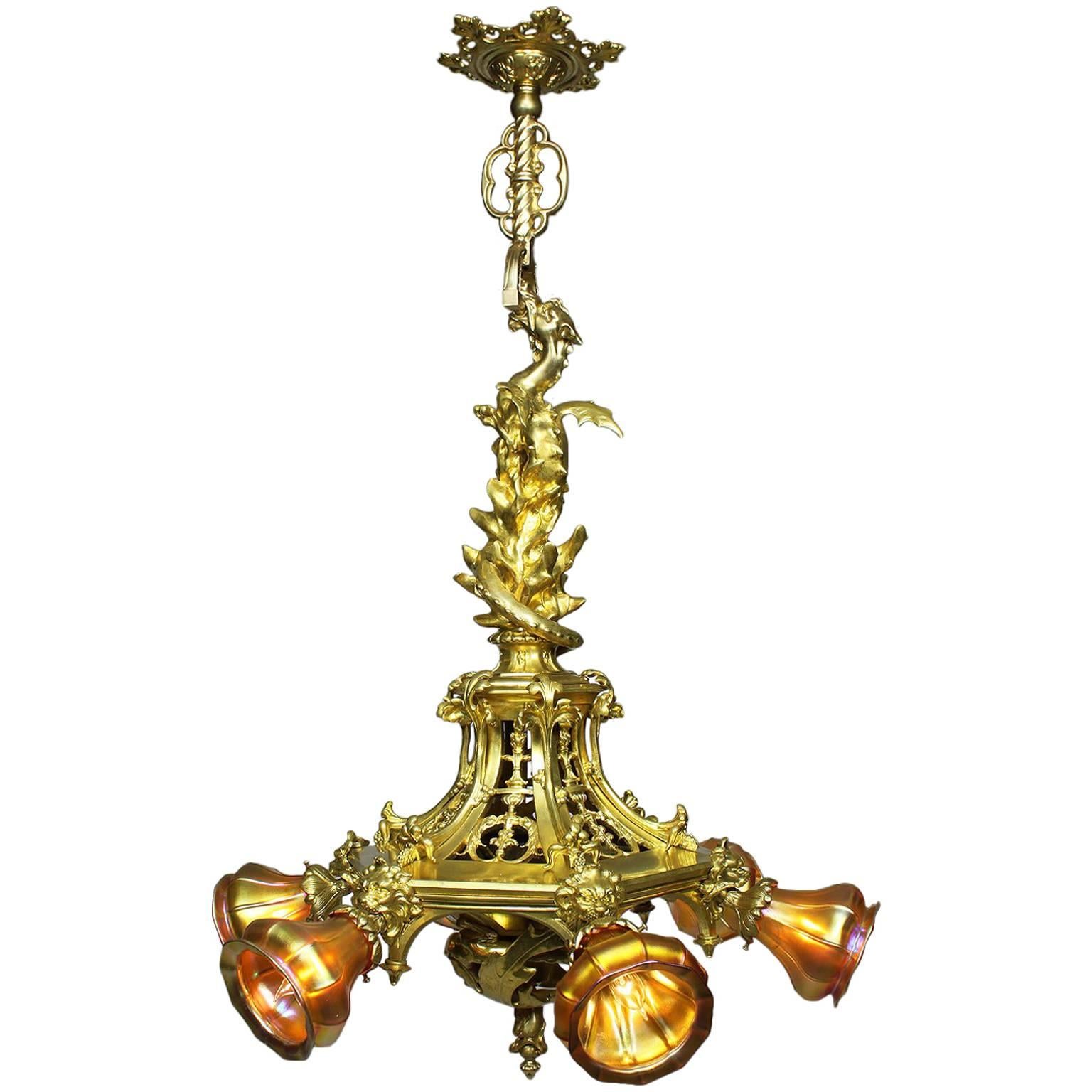 American Gothic-Revival Gilt-Bronze "Dragon" Chandelier in the Manner of Tiffany