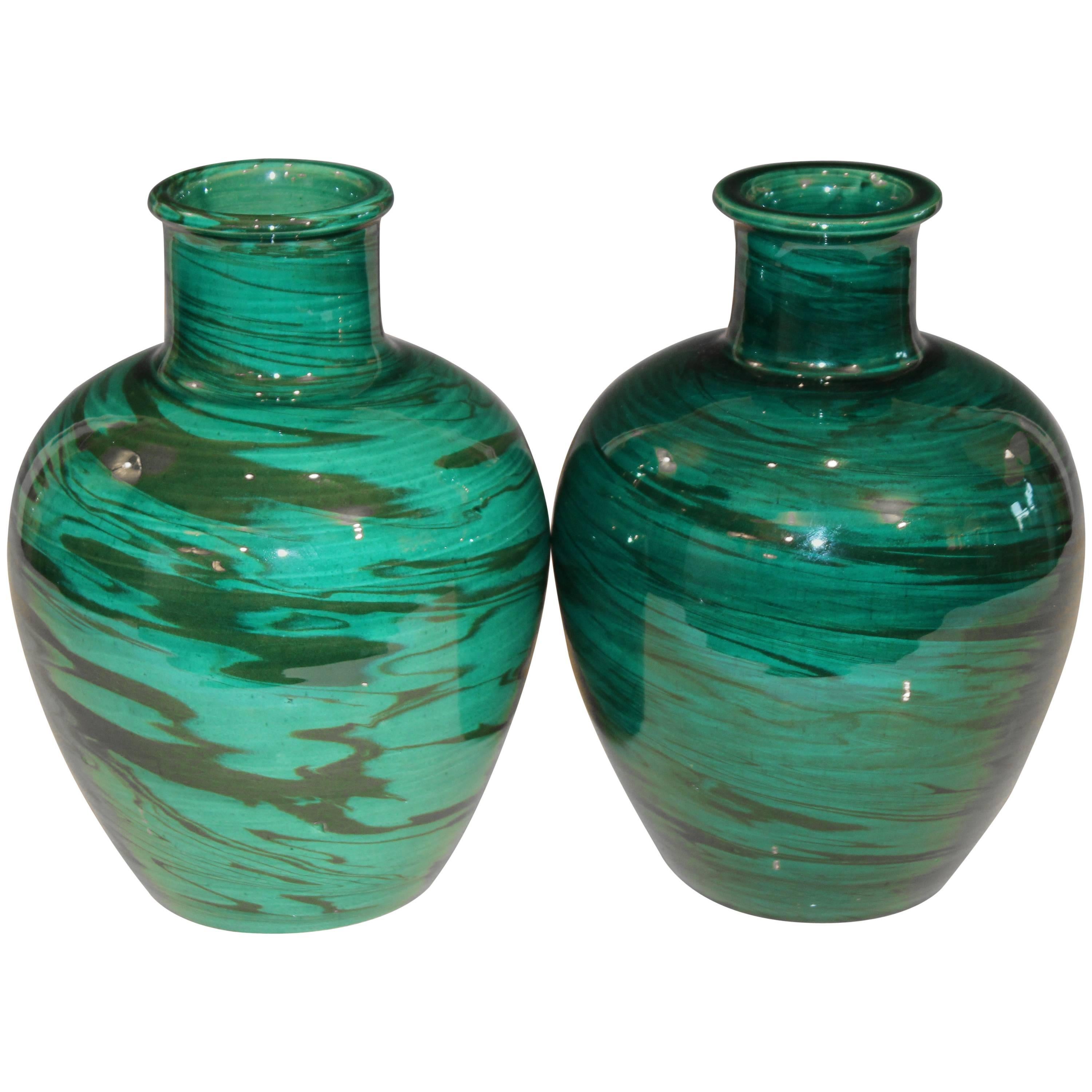 Bitossi MCM Raymor Vintage Italian Pottery Marbled Green Marbleized Vases, Pair For Sale
